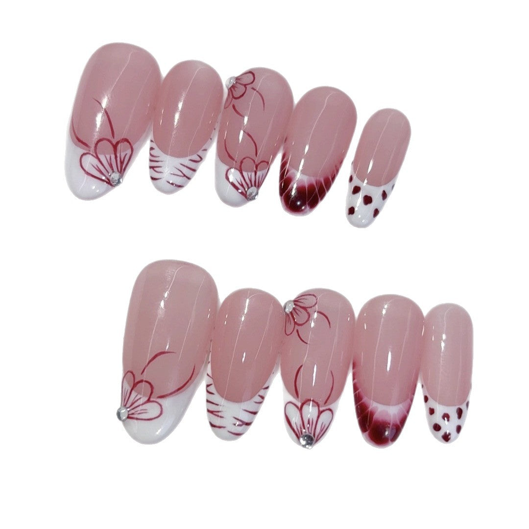 Red Bloom: "Nude Red Floral" – Almond Shape Handmade Press-On Nails – Image 5
