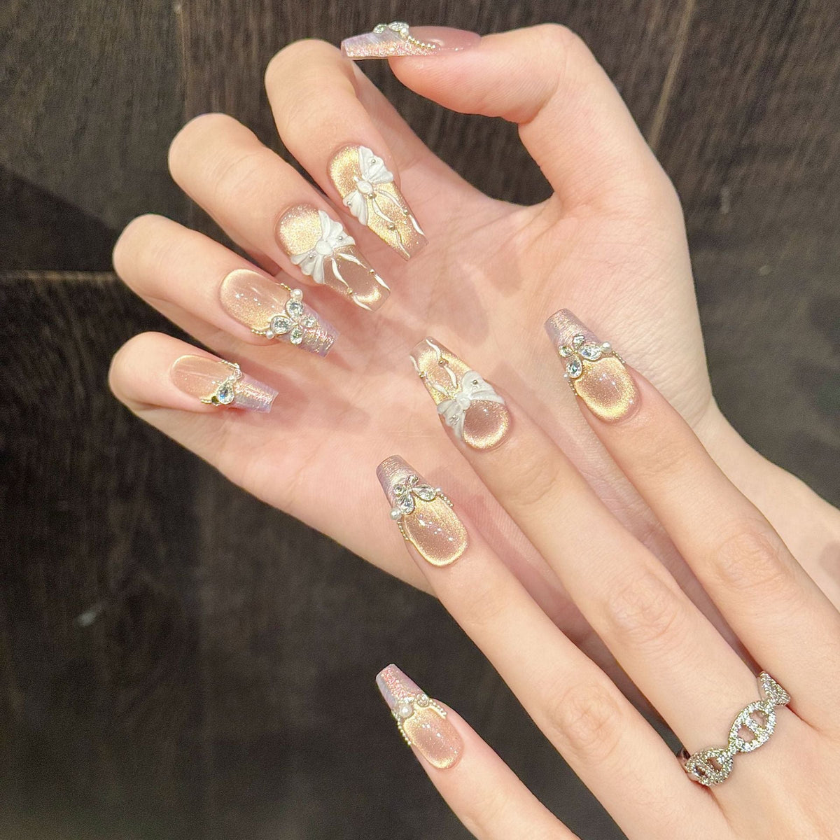365nails: "Blushing Ballerina" – 3D Bow & Pearl Handmade Medium Almond Nails – Image 6