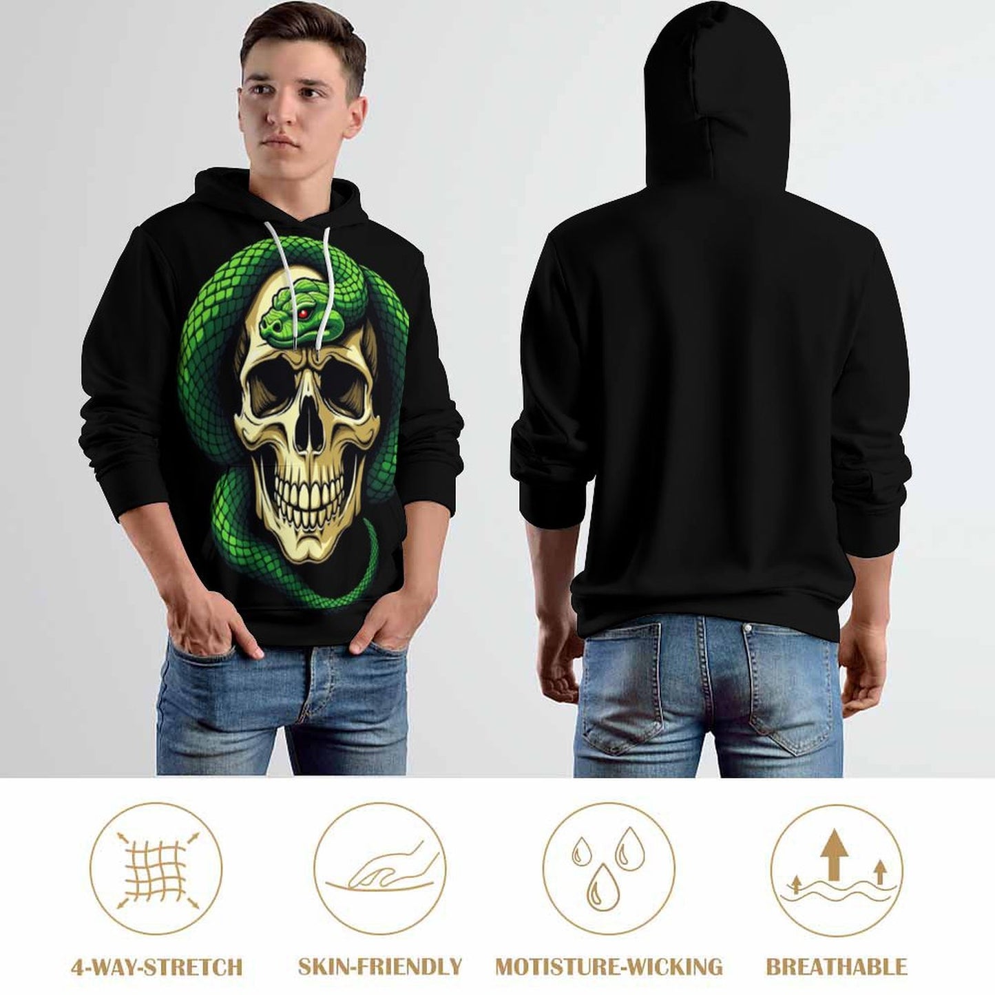 Men's Cool Hoodie with Double-layer Cap - Skull and Snake
