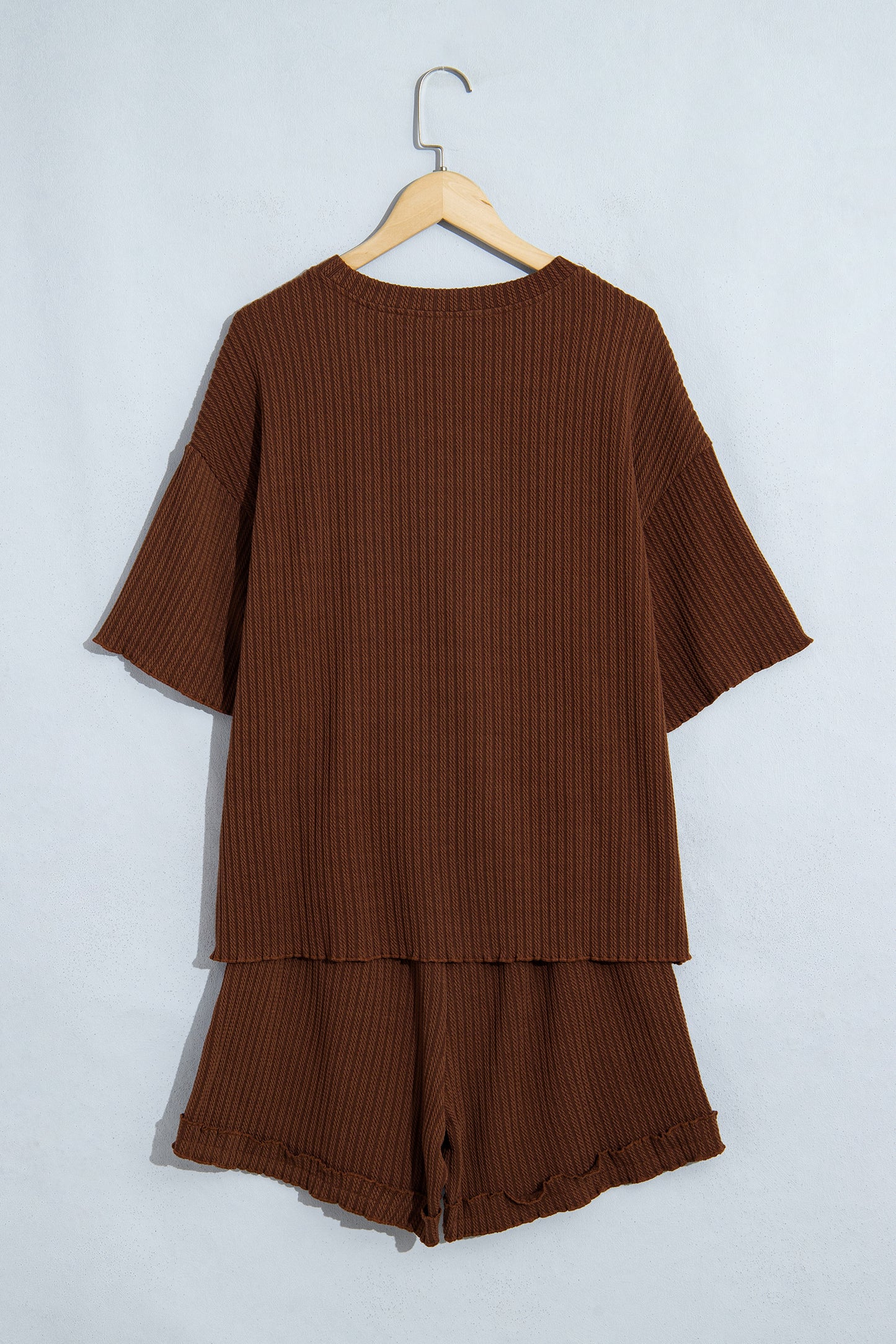 Dark Brown Textured Ribbed Knit Lettuce Trim 2pcs Lounge Set