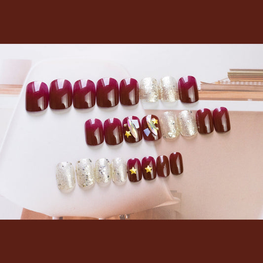 Burgundy star shell whitening nail patch press on nails finished fake nail waterproof removable pregnant women can – Image 2