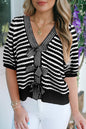 Black Stripe Short Sleeve Knit V Neck Bow Knot Sweater