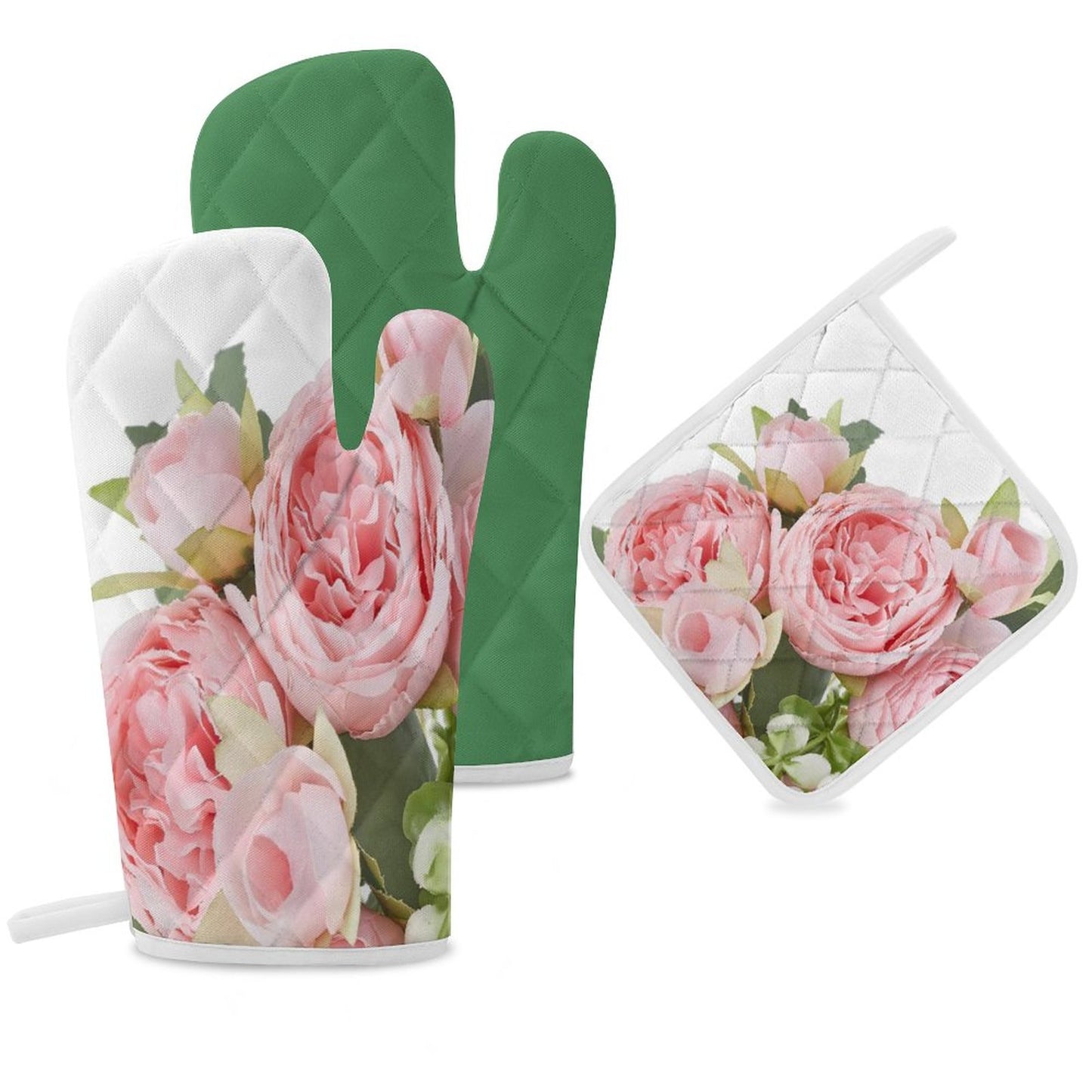 Oven Mitts & Pot Holder Set of 3 Pink flowers