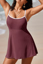 Burgundy Color Block Edge Ribbed Pocketed Lined Swim Dress