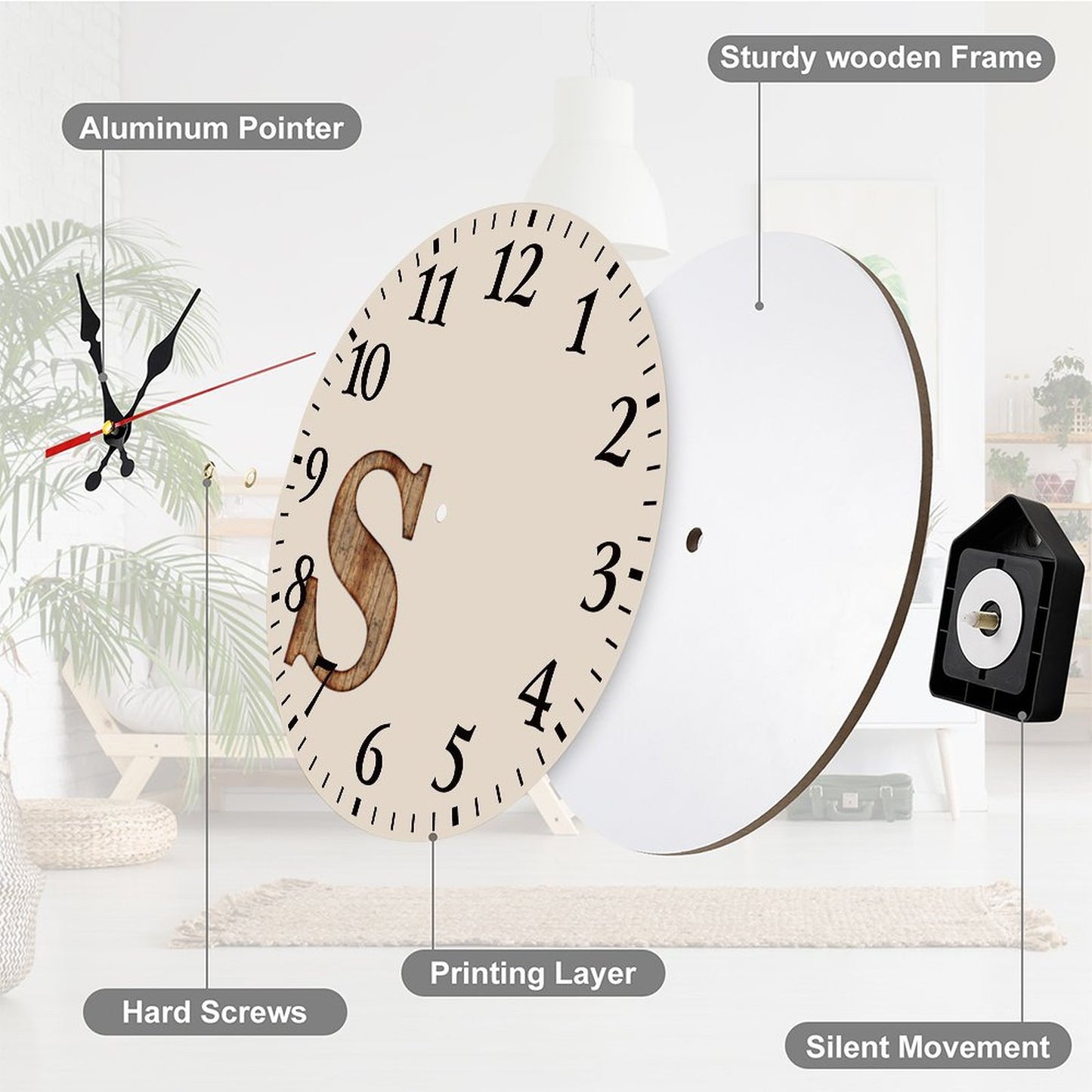 Modern Wooden Wall Clock - Wood letter S