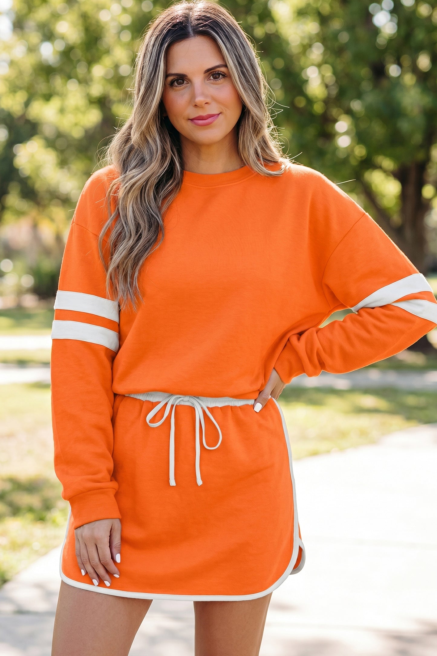 Orange Varsity Stripe Detail Drop Shoulder Pullover Mini Skort Set