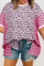 Pink Leopard Striped Patchwork Side Slit Loose Short Sleeve Top