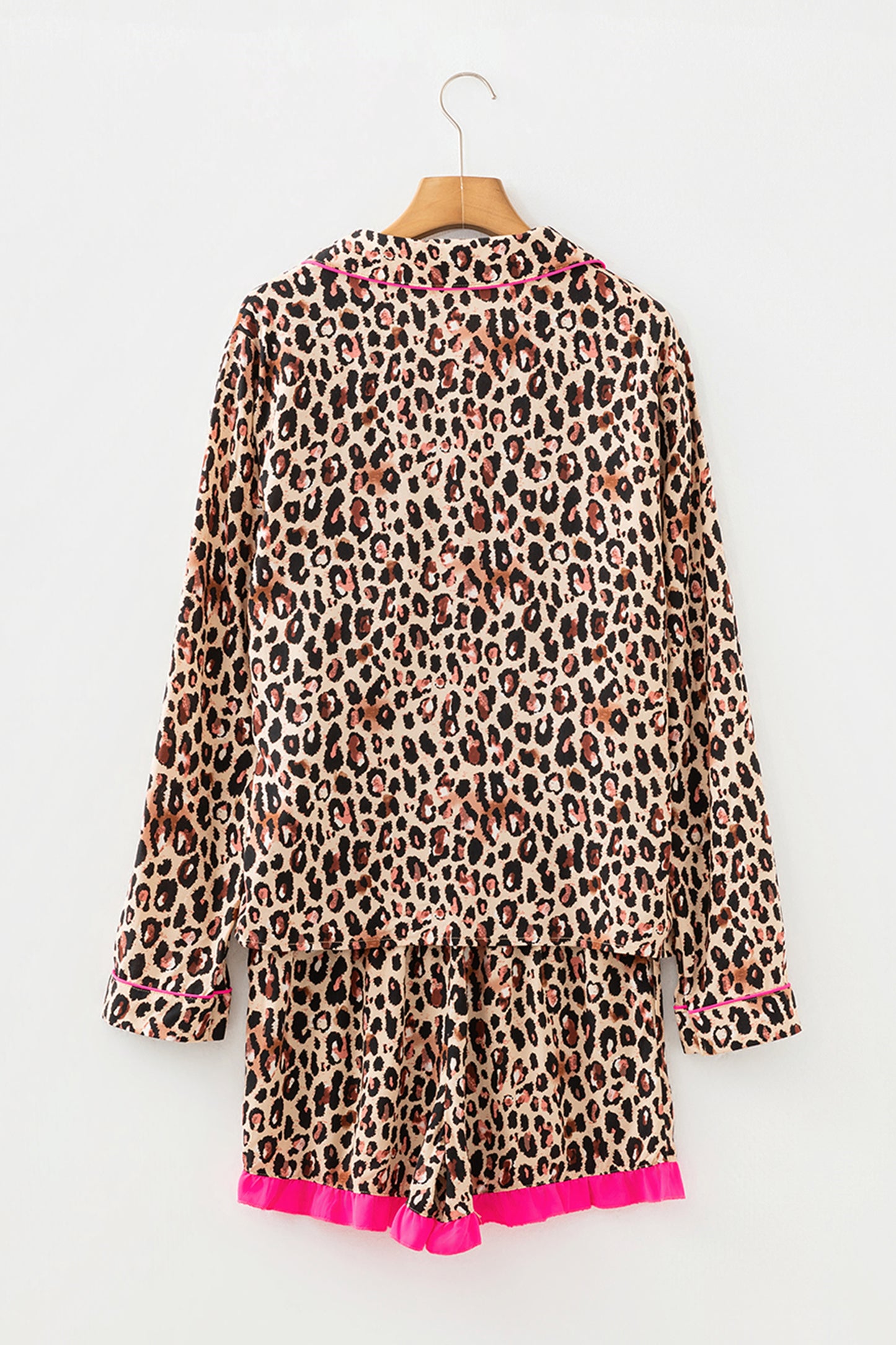 Light French Beige Leopard Print Contrast Trim Long Sleeve Shirt Drawstring Ruffle Hem Short Set