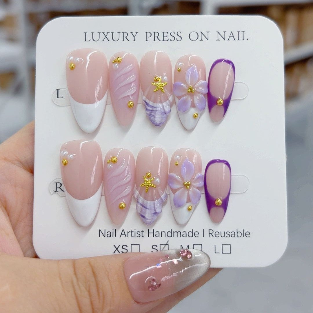 Elegant Pastel: "Lavender Bloom French" – Medium Almond Nude & Purple Gradient Handmade Press-On – Image 2