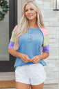Blue Twisted Ribbed Color Block Patchwork Henley Short Sleeve T Shirt
