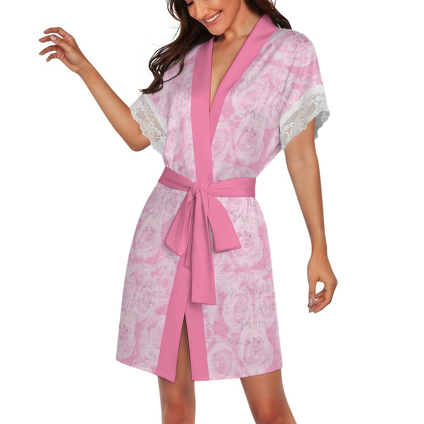 Lace Trimmed Short-Sleeve Nightgown - Pink Paris