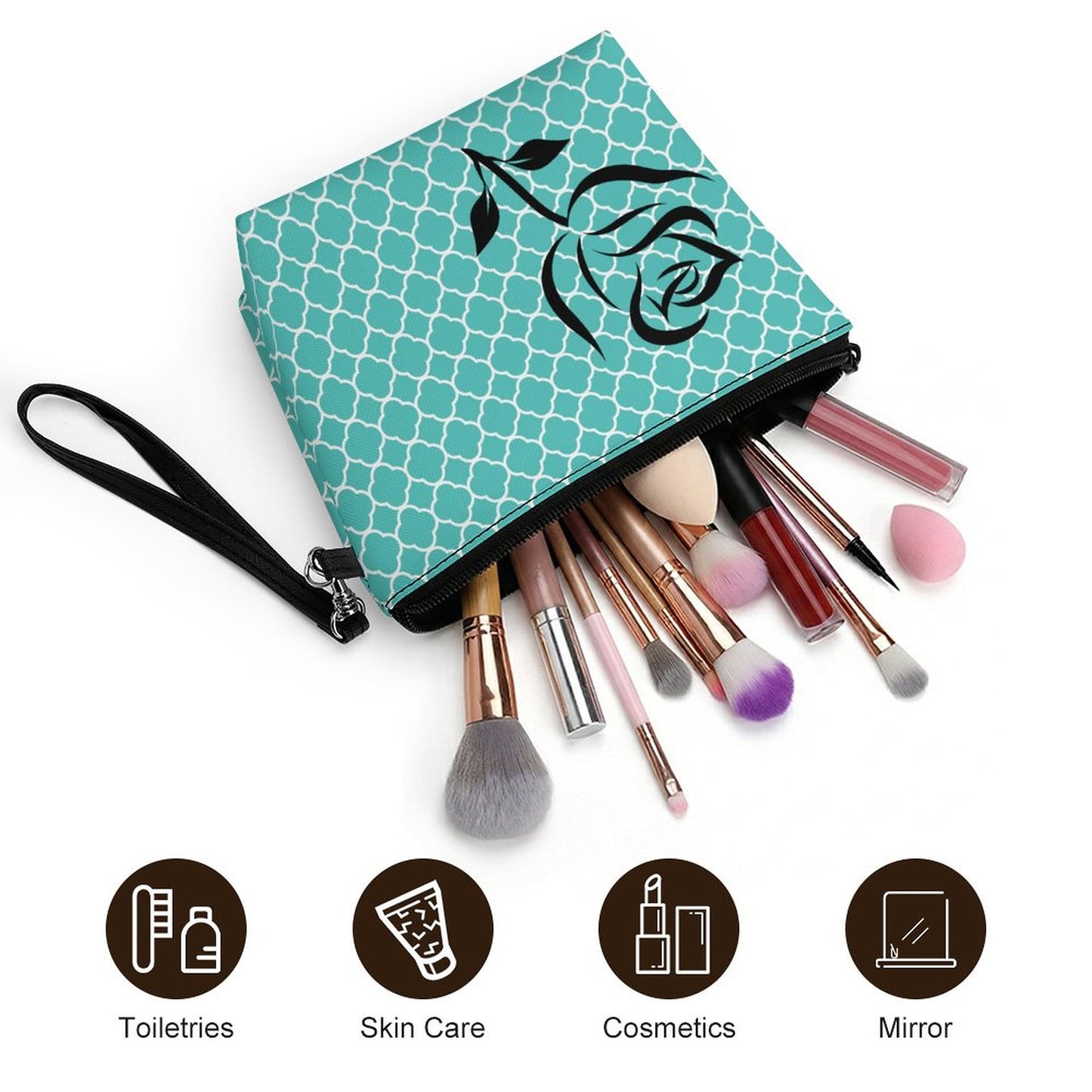 Handheld Makeup Bag With Strap - Teal with black rose
