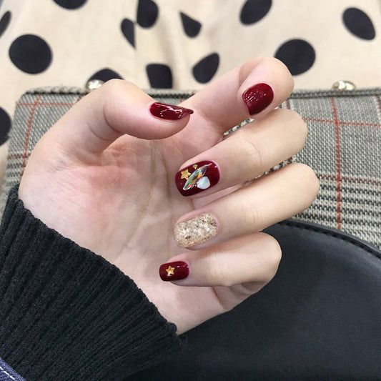 Burgundy star shell whitening nail patch press on nails finished fake nail waterproof removable pregnant women can wear
