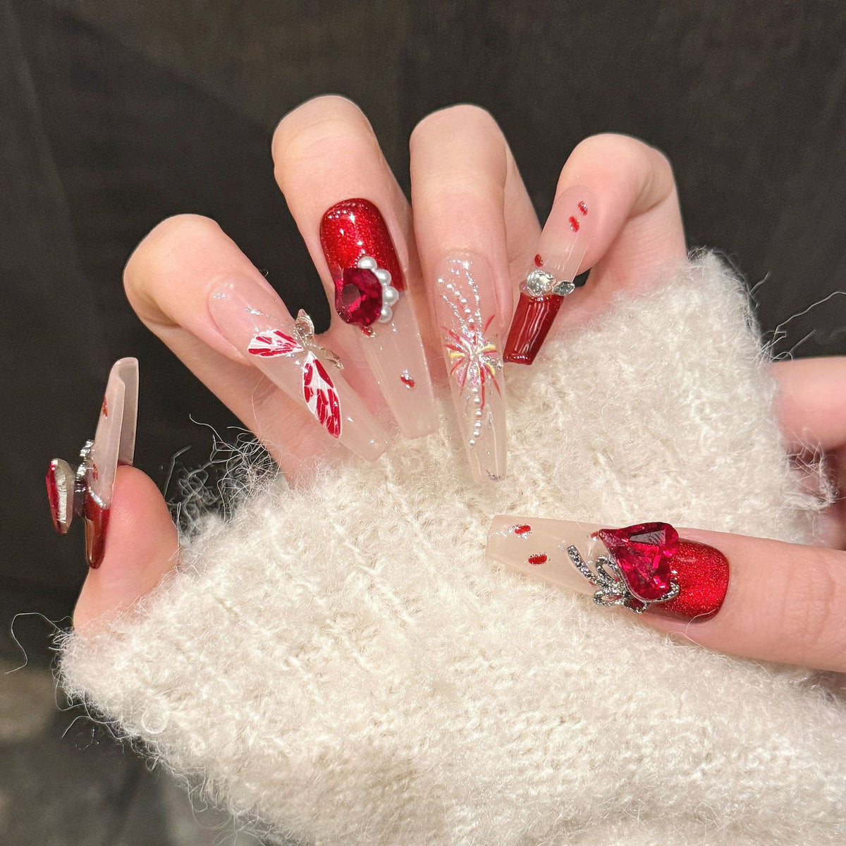 365nails: "Crimson Blossom" – Hand-Painted Floral & Gemstone Accents Press-On Nails Coffin Nails – Image 2