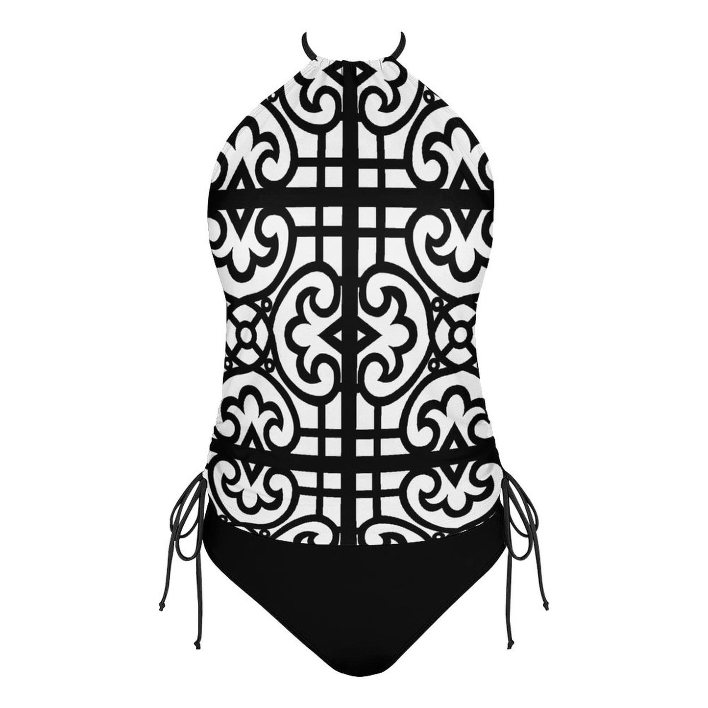 2-Piece Women's Tankini Set with High Neck Halter Top Black and White