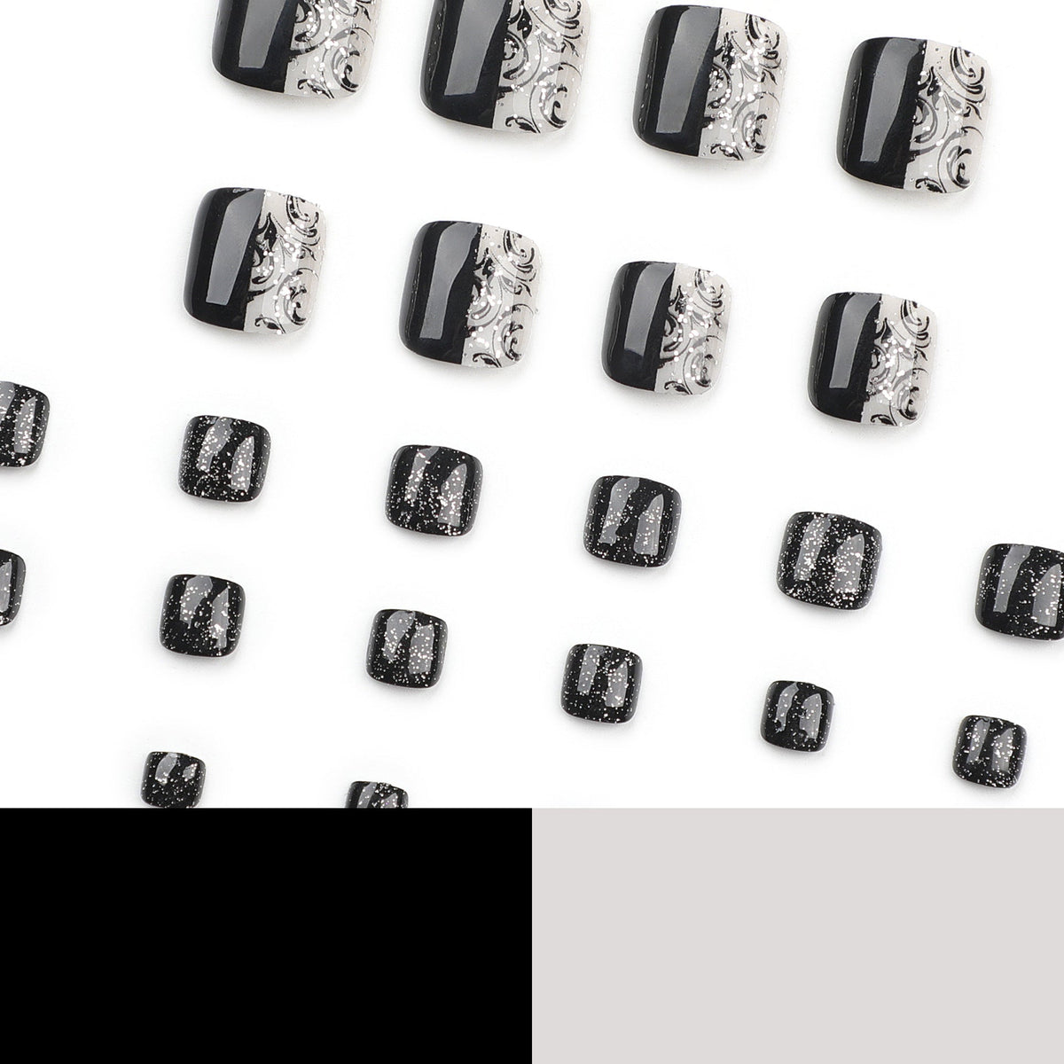365nails: "Black Silver Glitter Square Toenails" – Split Design Press-on Toenails – Image 4