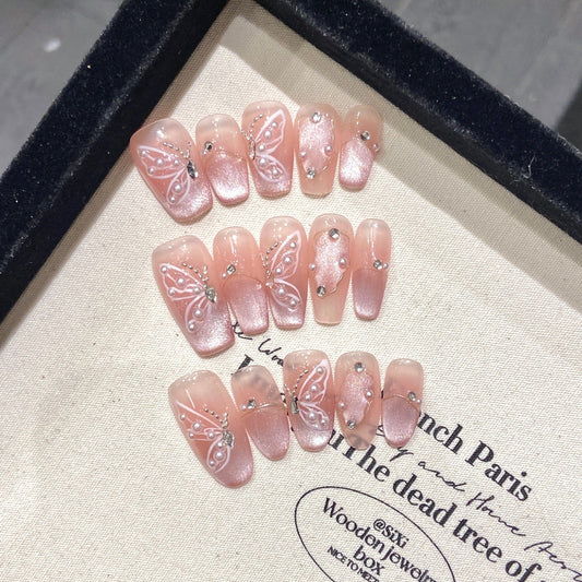 365nails: "Enchanted Butterfly" – Hand-painted 3D Cat Eye Handmade Almond Nails