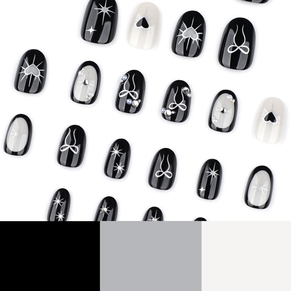 Black and White Heart Bow Nails with Pearl Accents – Image 4