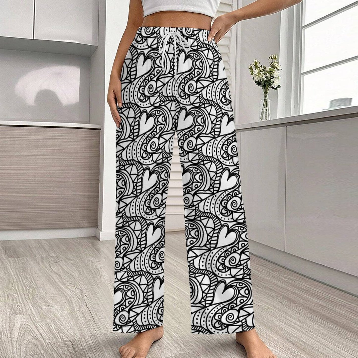 Faux Cotton Drawstring Women Wide Leg Pajamas Pants