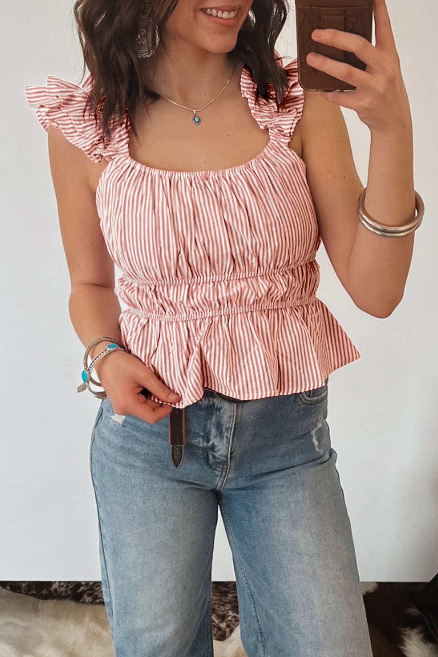 Pink Stripe U Neck Ruffle Trim Cinched Waist Tank Top