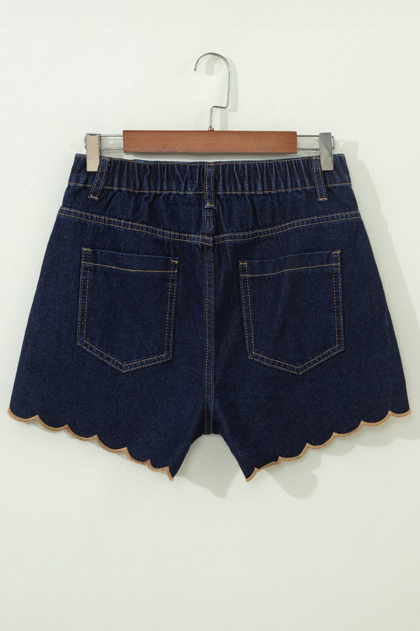 Navy Blue Embroidered Scalloped Trim Relaxed Denim Shorts