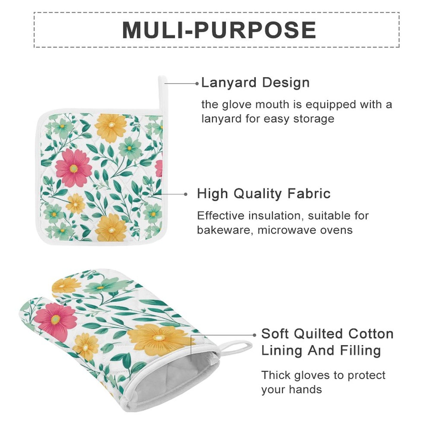 Oven Mitts & Pot Holder Set of 3 Flowers
