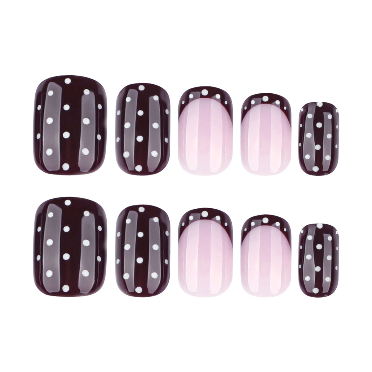 Autumn/winter wine red press-on nails with white polka dot design - short square shape – Image 5