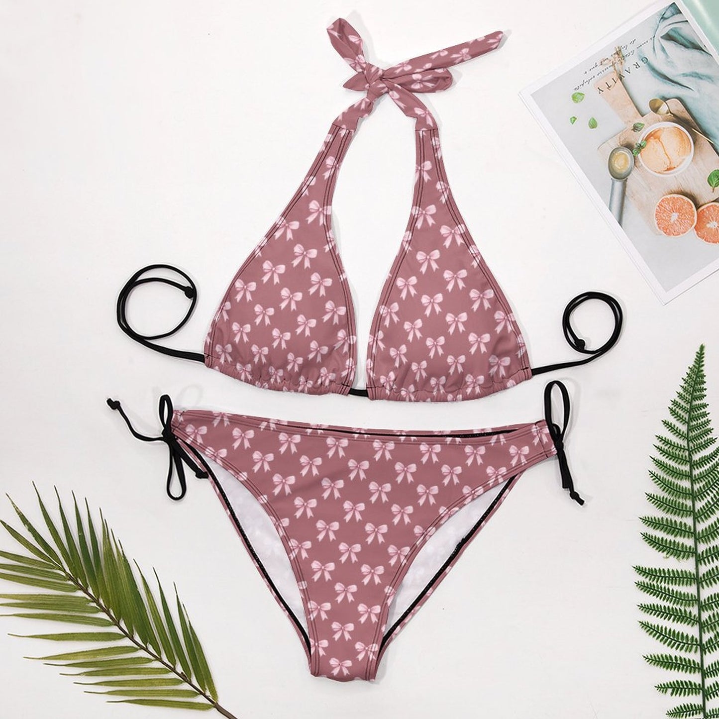Two Piece Halter Swimsuit Pink Ribbons
