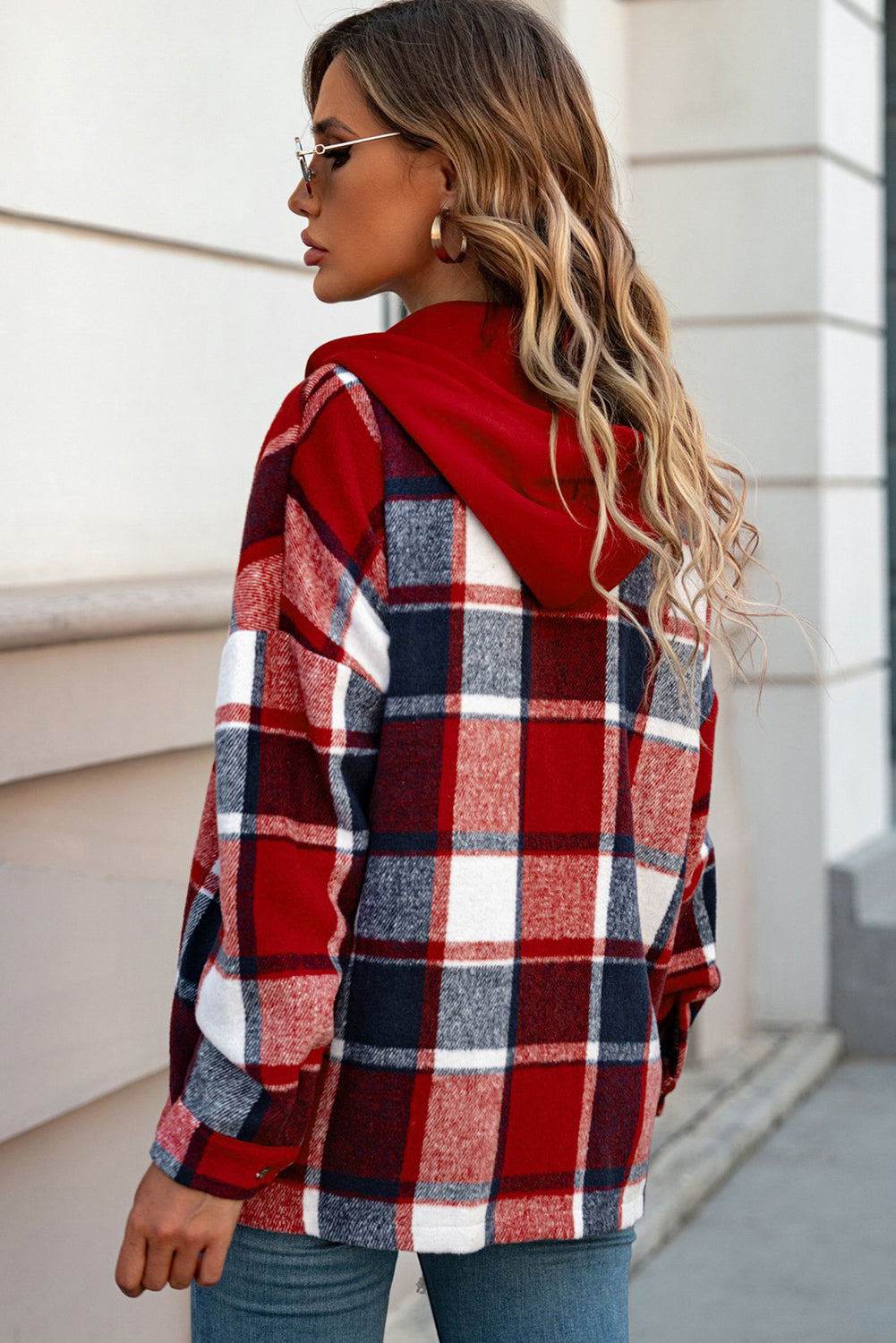 Fiery Red Hooded Plaid Button Front Jacket