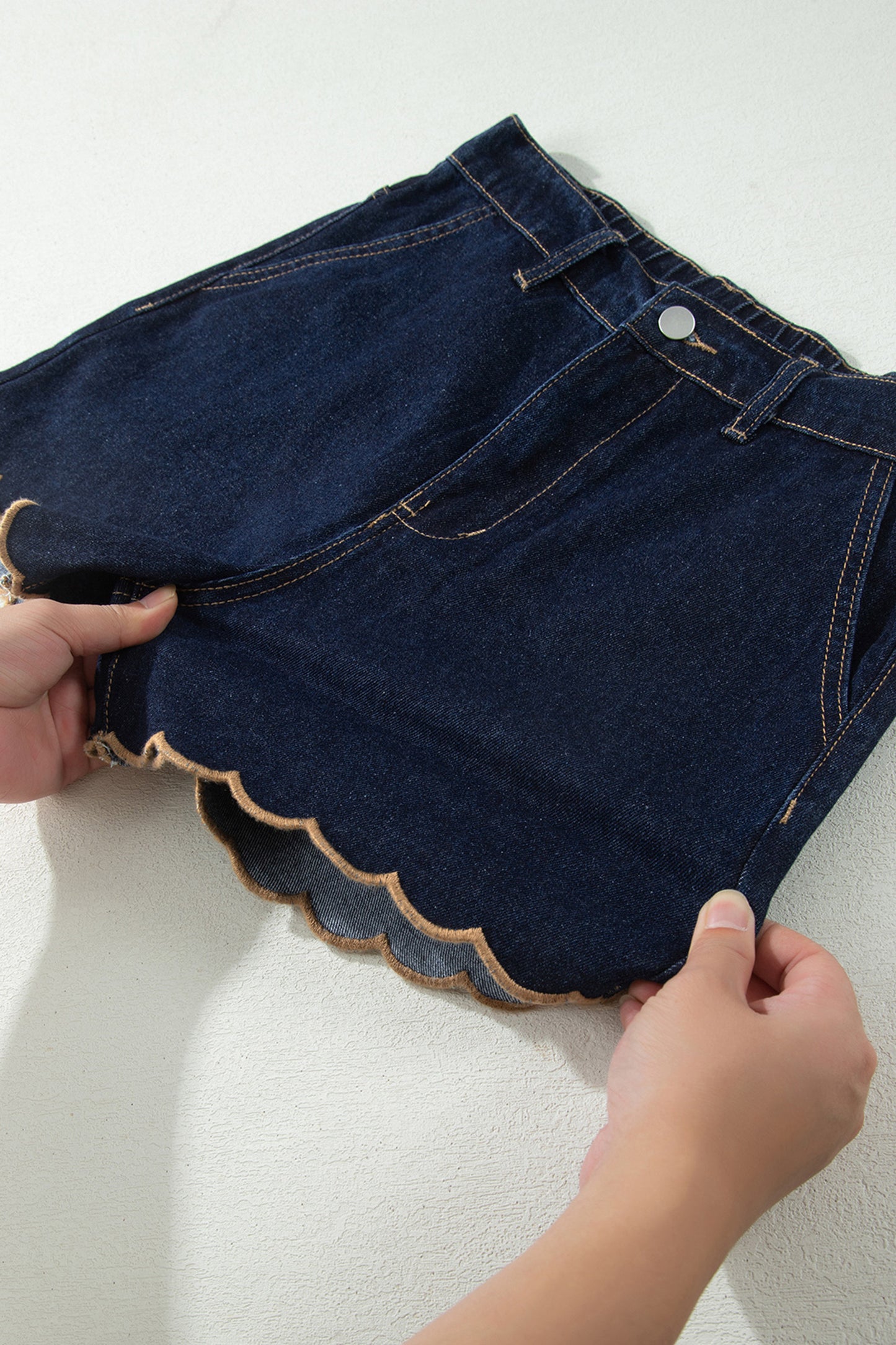 Navy Blue Embroidered Scalloped Trim Relaxed Denim Shorts