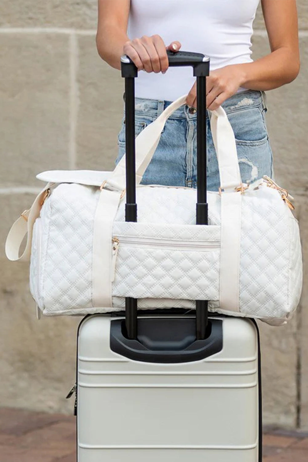 White Rhombus Textured Waterproof Travel Duffel Bag