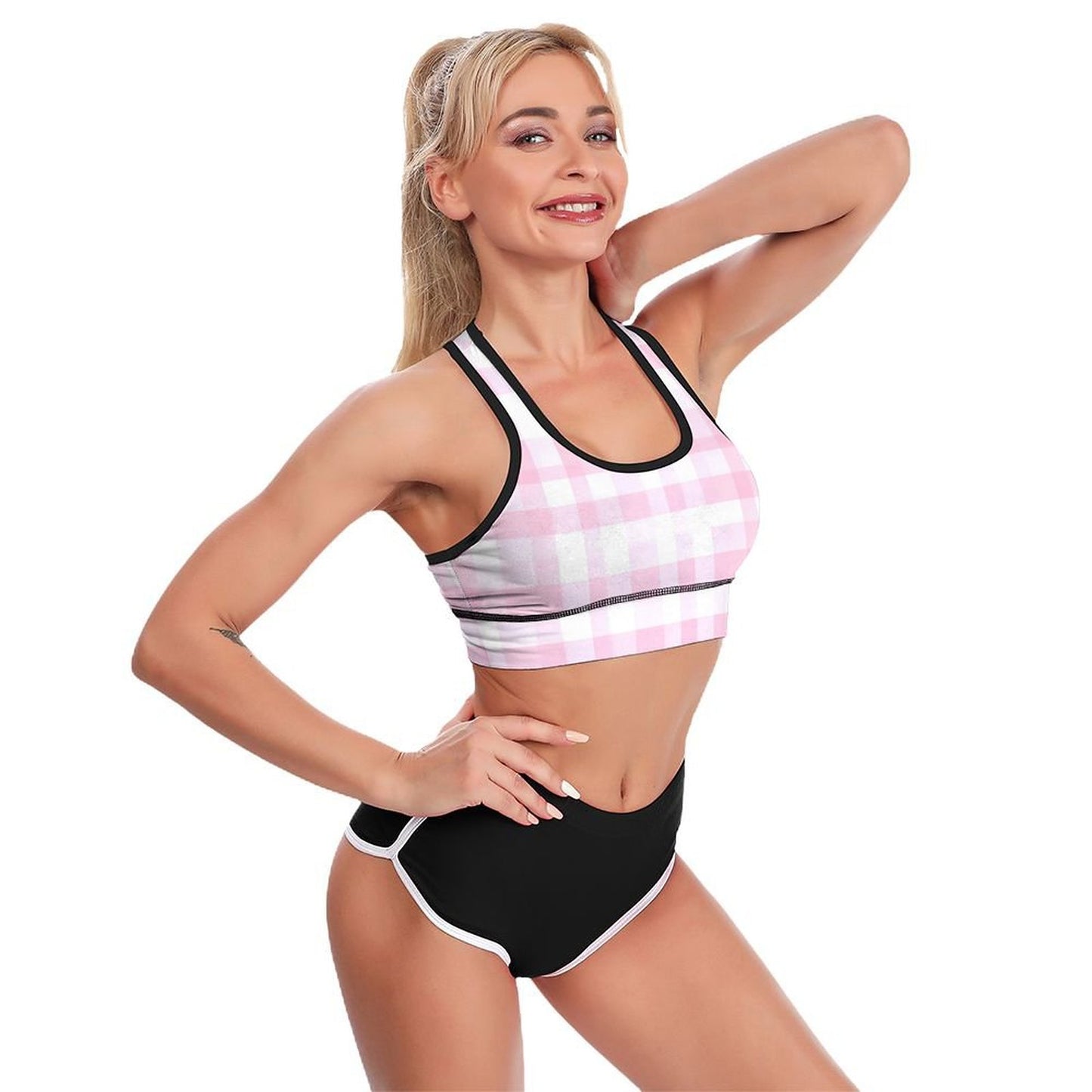 Custom Printed Patterned Yoga Sports Bra Pink Checkers