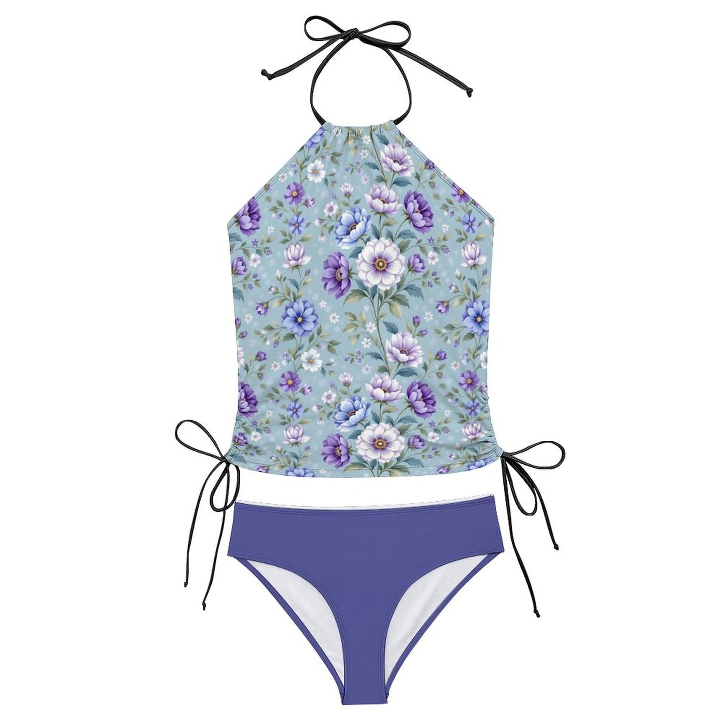 2-Piece Women's Tankini Set with High Neck Halter Top Floral