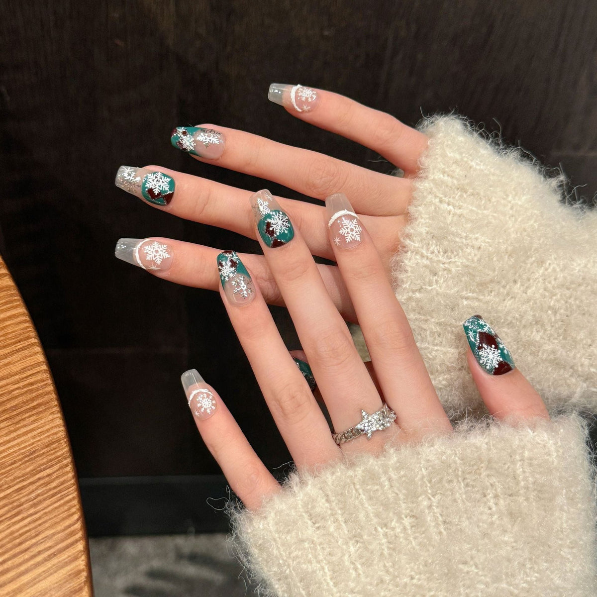 Blue and Red Snowflake Press‑On Nails – Winter Frost Short Design – Image 2