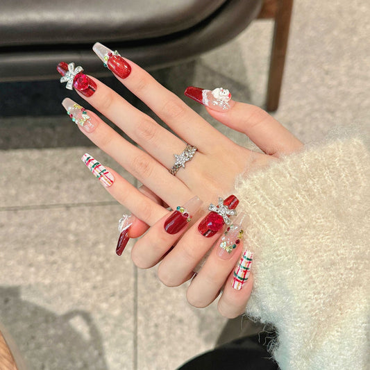 Luxury Santa Christmas Press‑On Nails – Red Plaid & Bow Design – Image 2