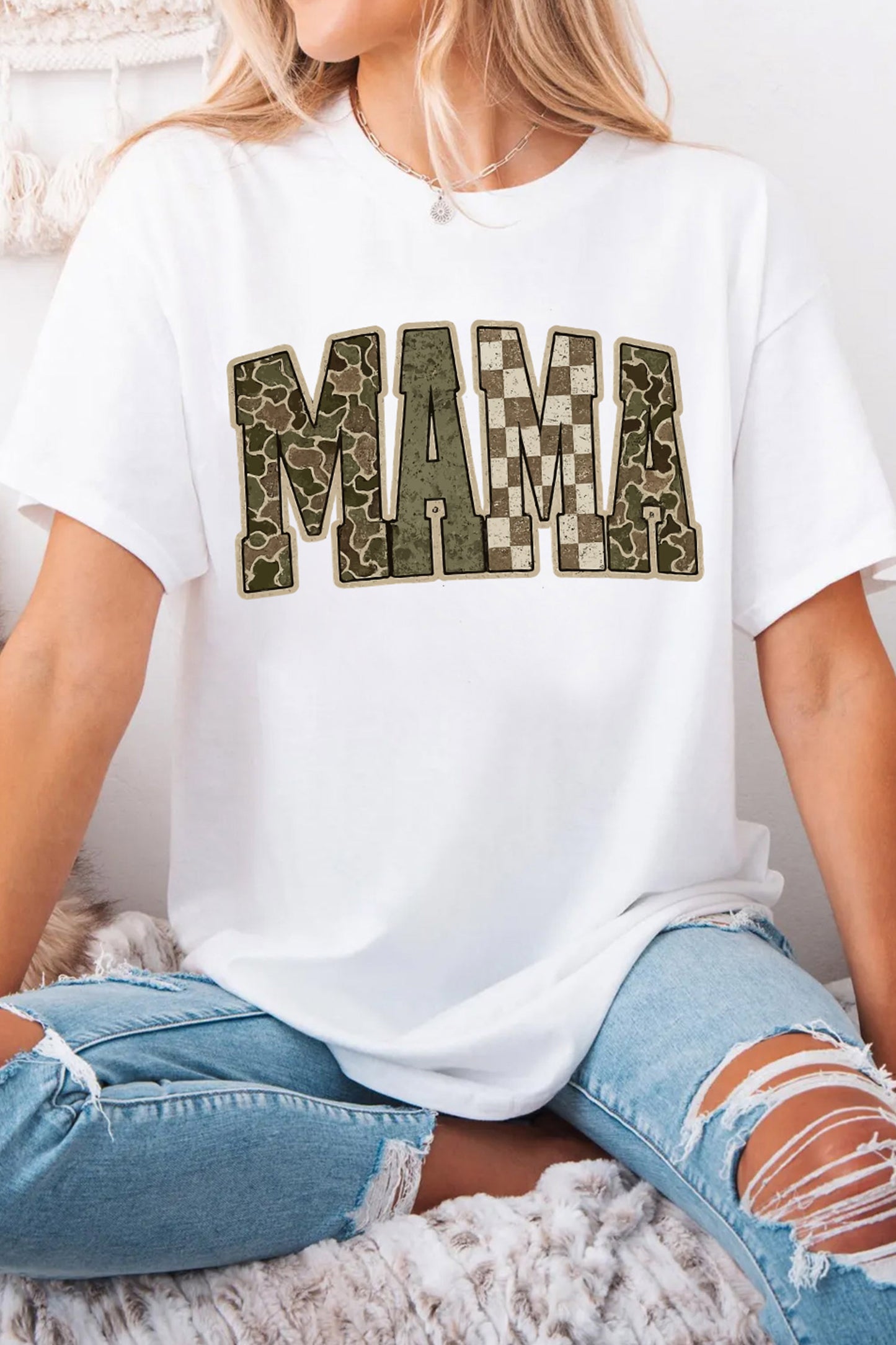 White MAMA Mixed Pattern Lettering T Shirt