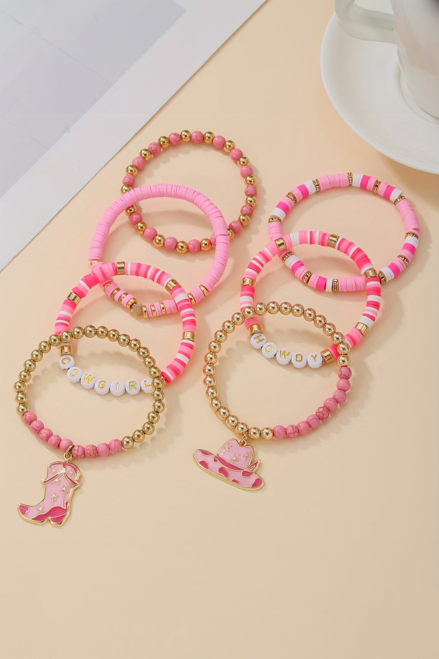 Pink 7pcs HOWDY COWGIRL Hat Boot Beaded Stretch Bracelet Set