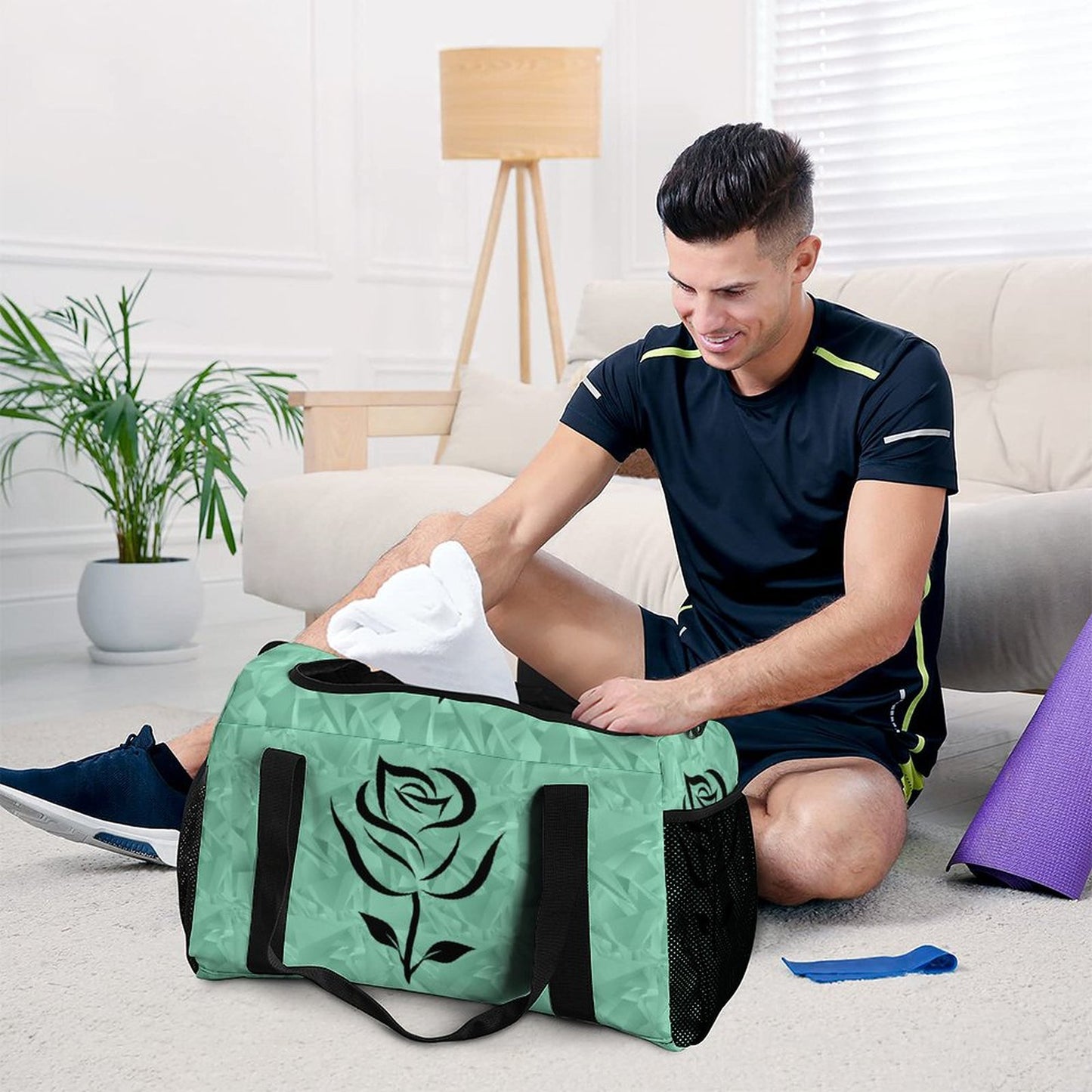 Travel Duffel Bag Teal with Black Rose