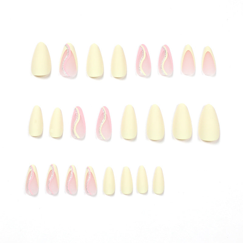 press on nails French manicure fresh yellow pink line glitter matte nails piece fake nails removable nails 365nails – Image 2