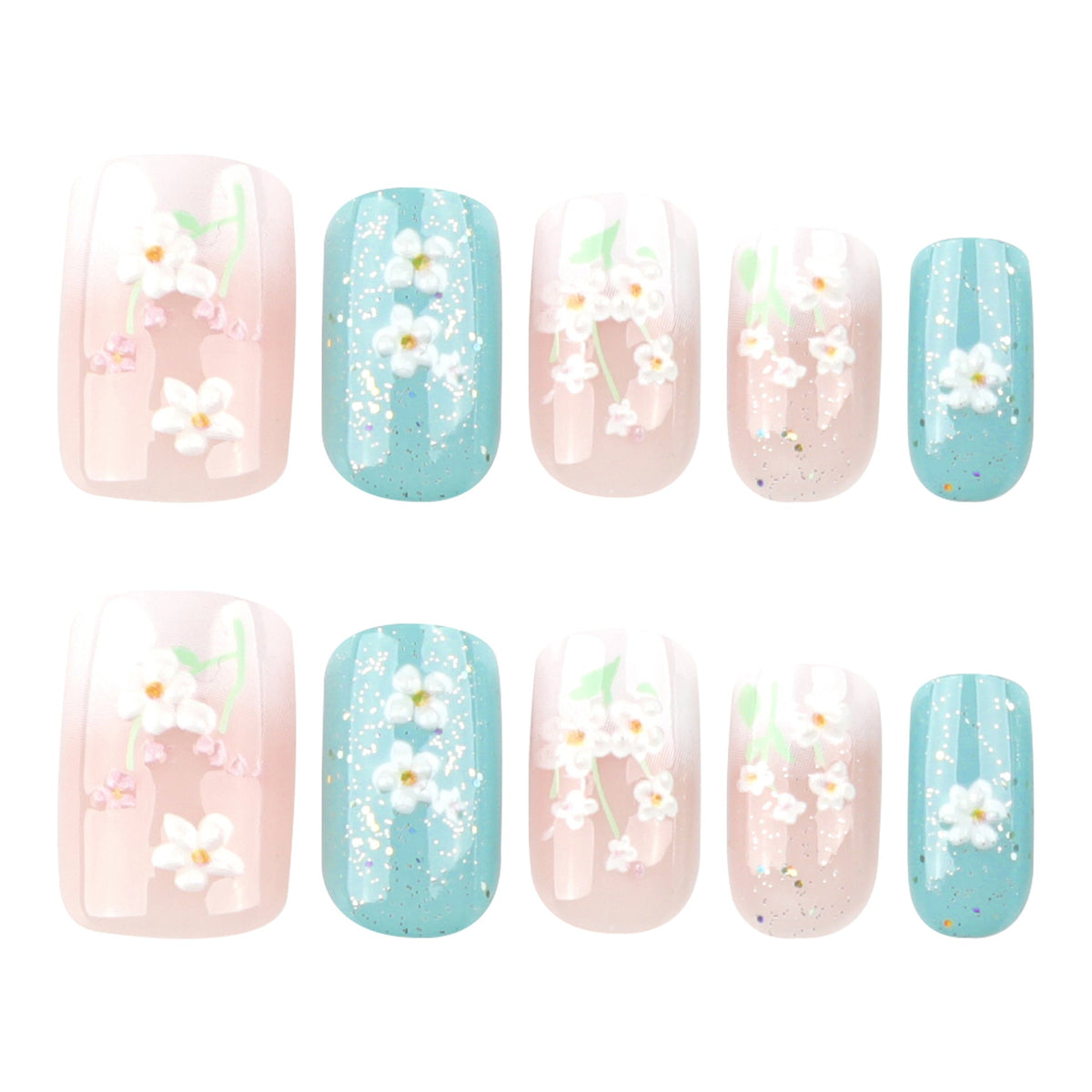 3D fresh flower manicure medium and long white gradual change press on nails fake nail square press on nails – Image 5