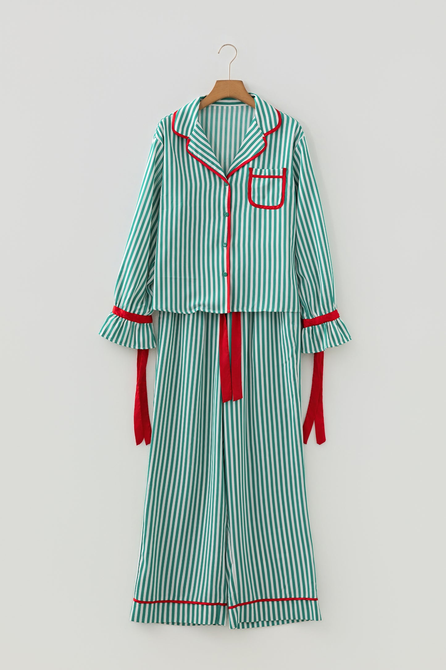 Green Stripe Contrast Velvet Trim Bow Knot Waist 2pcs Pajama Set