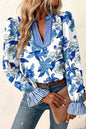 Sky Blue Floral Print Striped Patchwork Long Flounce Sleeve Ricrac Trim V Neck Blouse