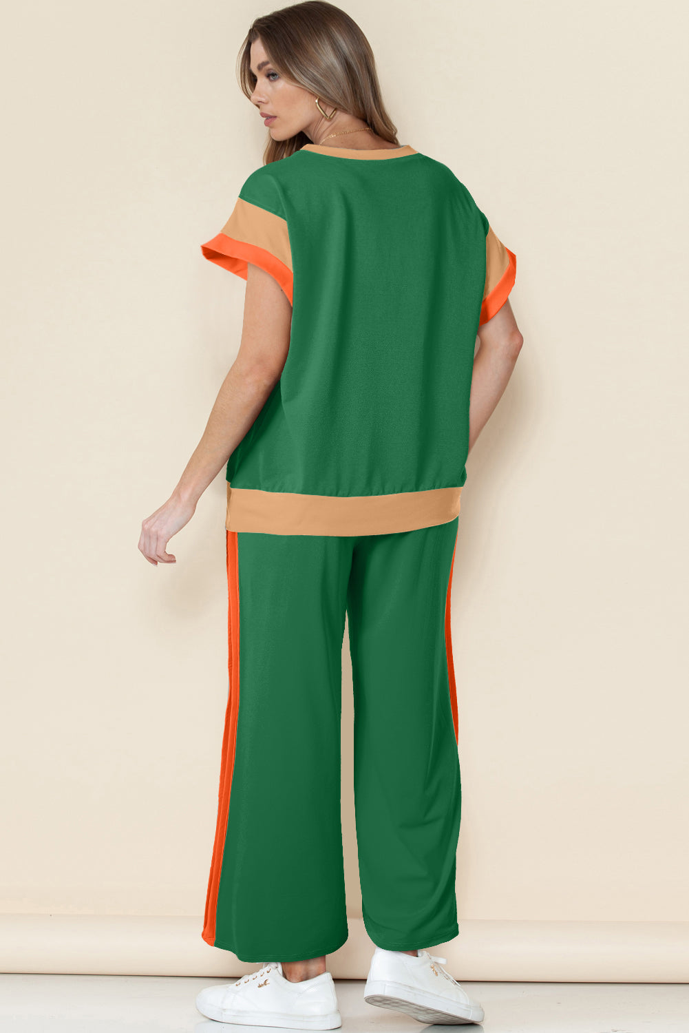 Dark Green Color Block Detail Casual Two-piece Set