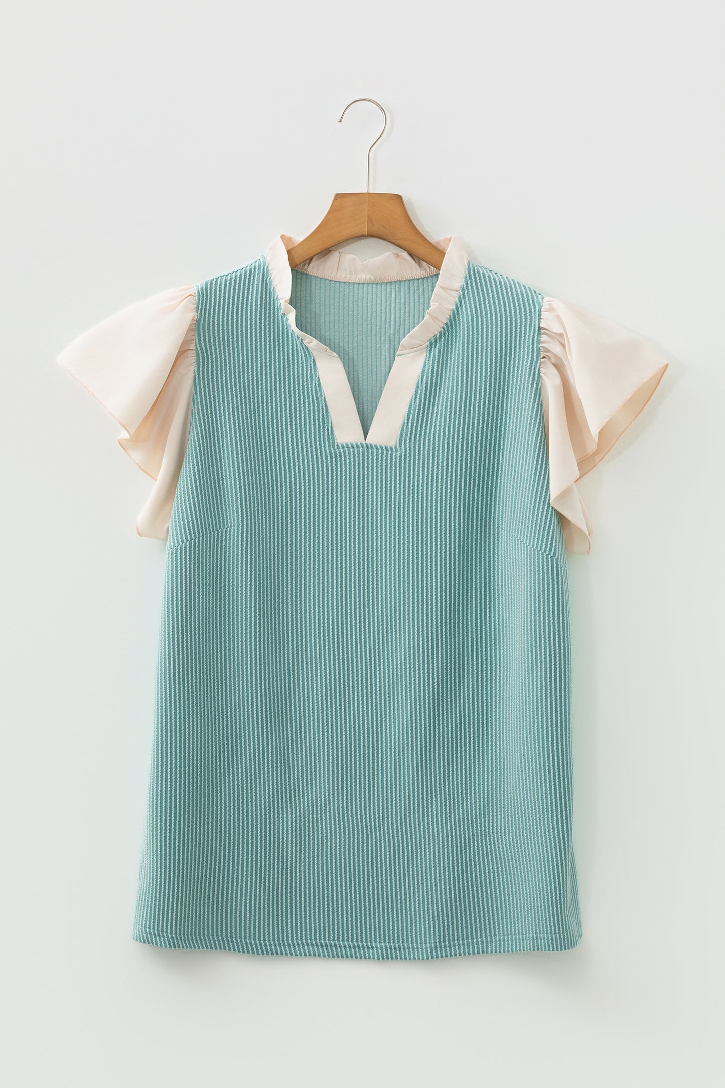 Light Blue Plus Size Contrast Frilled Neckline Ruffled Short Sleeve Ribbed Textured Blouse