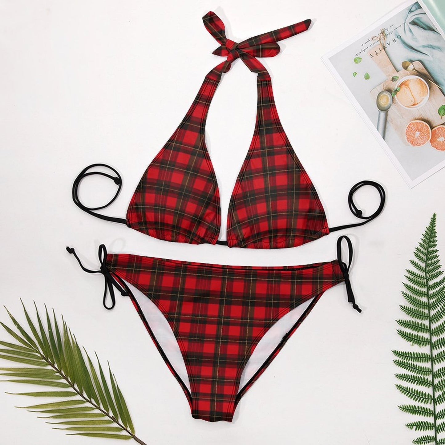 Two Piece Halter Swimsuit Red and Black Plaid