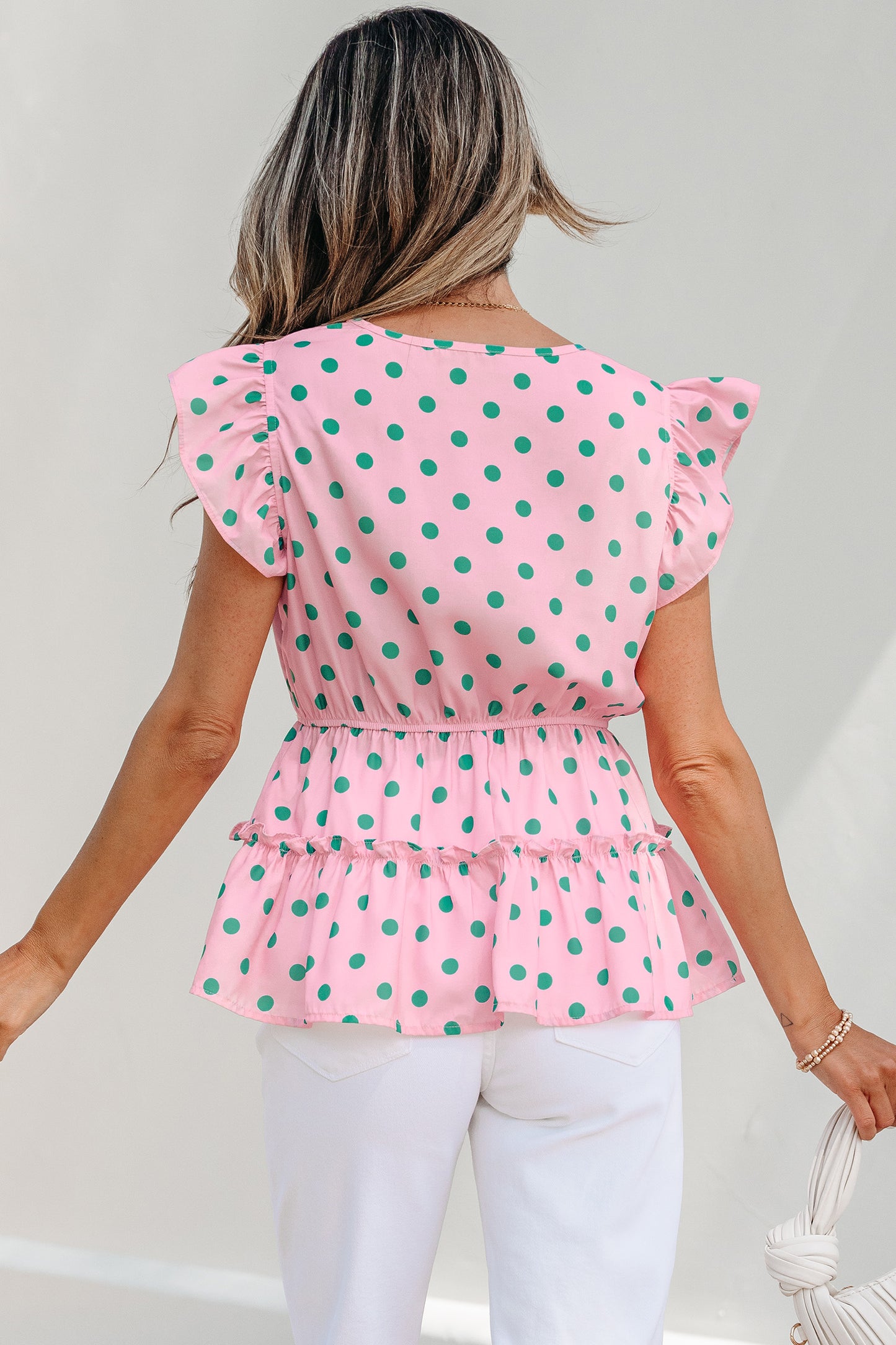 Pink V Neck Polka Dot Print Drawstring Tiered Babydoll Blouse