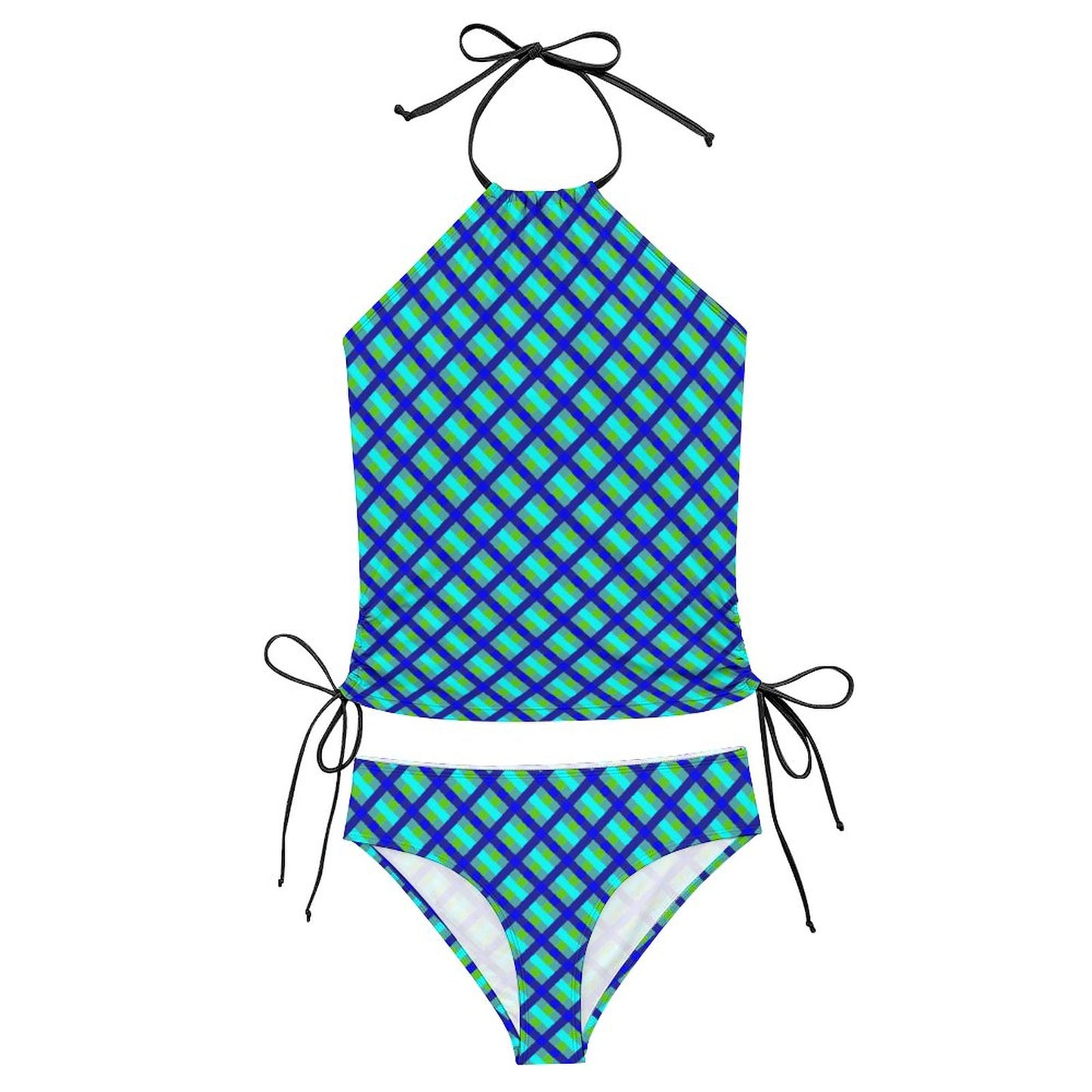2-Piece Women's Tankini Set with High Neck Halter Top Blue