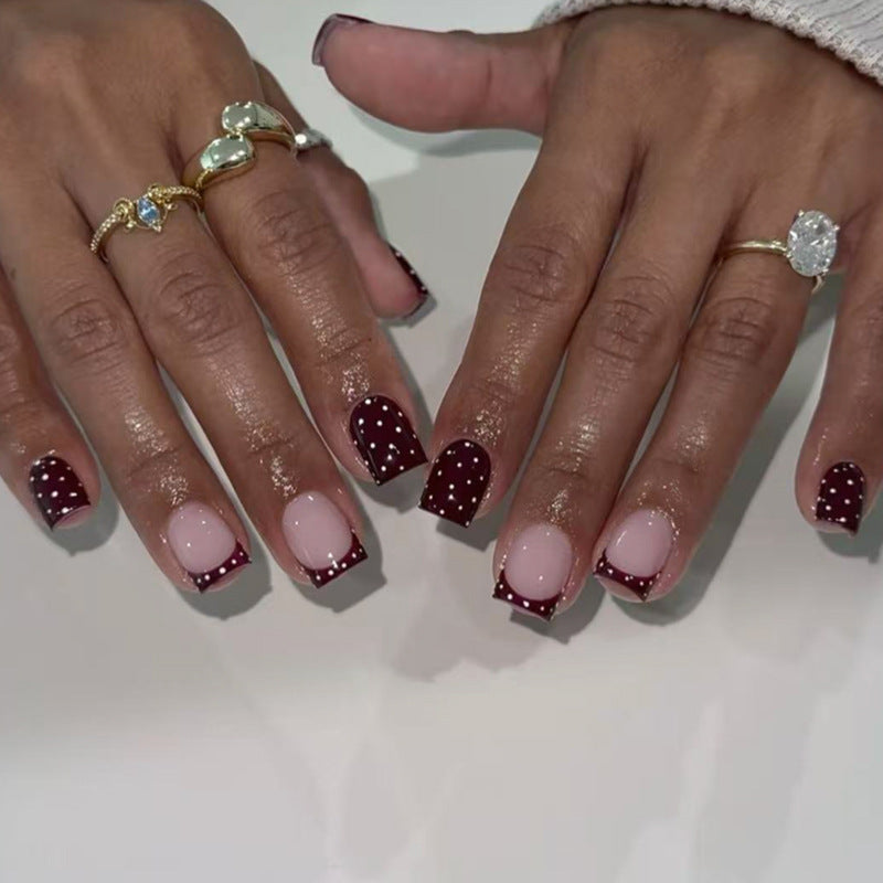 Autumn/winter wine red press-on nails with white polka dot design - short square shape