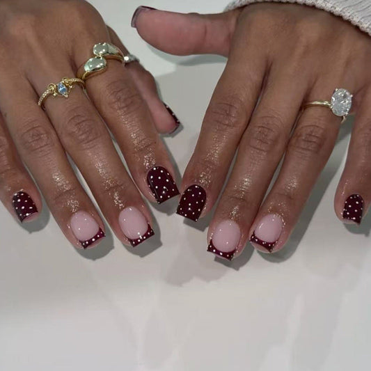 Autumn/winter wine red press-on nails with white polka dot design - short square shape