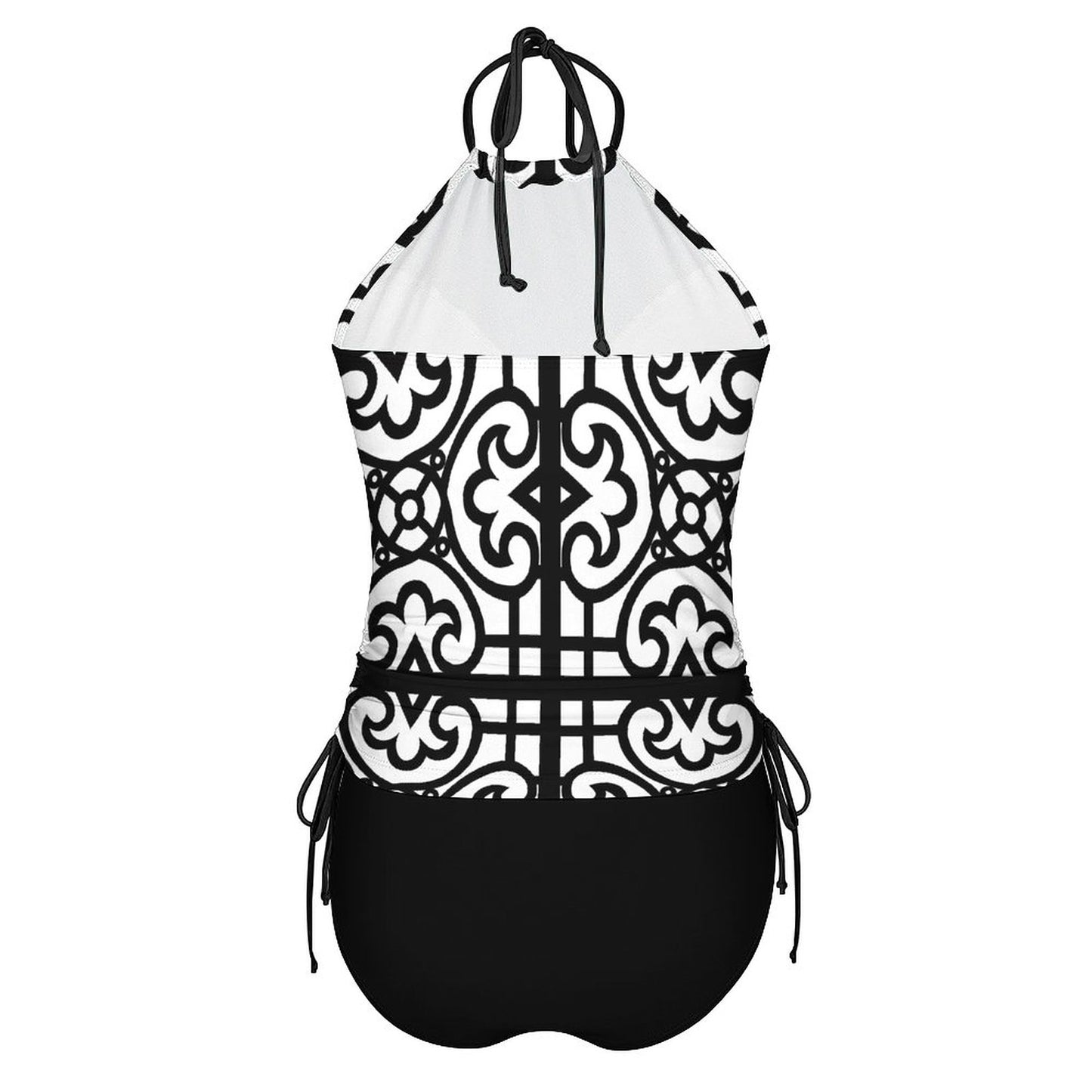 2-Piece Women's Tankini Set with High Neck Halter Top Black and White